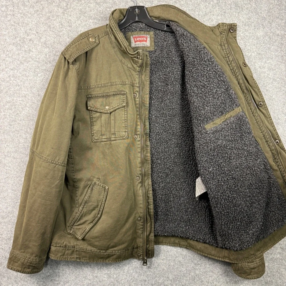 Levis Mens XL Sherpa Lined Military Field Jacket Olive Green Cotton Canvas Coat